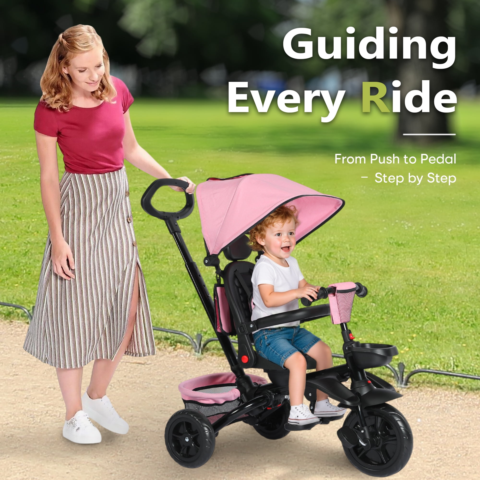 AILEEKISS Foldable Kids Tricycle with Push Handle, 7-in-1 Ride Trike for Infant 1-5 Years, Pink