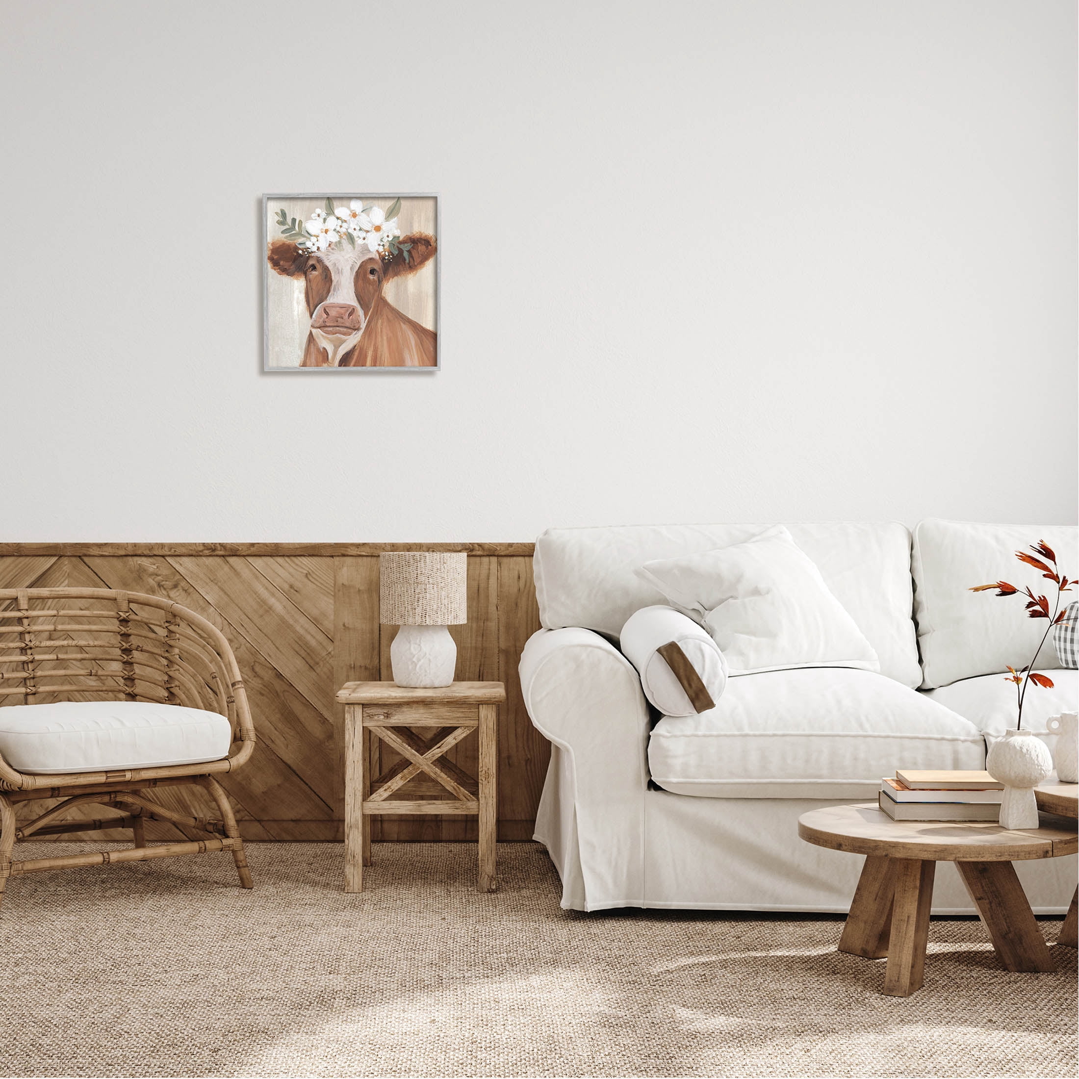 Brown Cattle Floral Bloom Crown Animals & Insects Graphic Art Gray Framed Art Print Wall Art