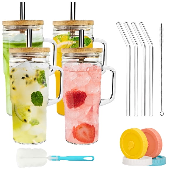 GPED Paquete de 4 Vasos de Vidrio con Asa, Vasos de Vidrio de 25 oz con Tapas de Bambú y Pajillas, Mason Jar con Boca Ancha Vasos Reutilizables para Café Helado Batido Matcha Cóctel Whisky Leche