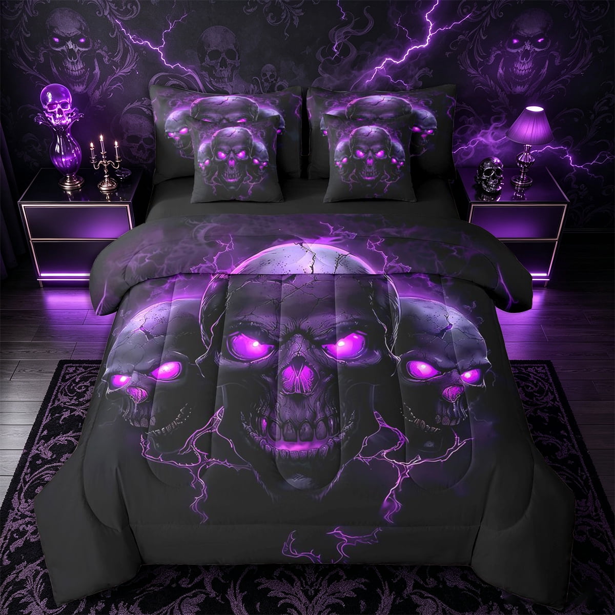 Castle Fairy Gothic Thunder Skull Group Full Size Bedding Sets 7 Pieces Lightning Motif Full Size Bed in a Bag Violet Black Black Reversible