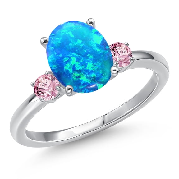 Gem Stone King 14K White Gold Simulated Blue Opal and Pink Lab Grown Diamond Engagement Ring for Women | 1.11 Cttw | Oval Cabochon 10X8MM | Gemstone October Birthstone | Size 7