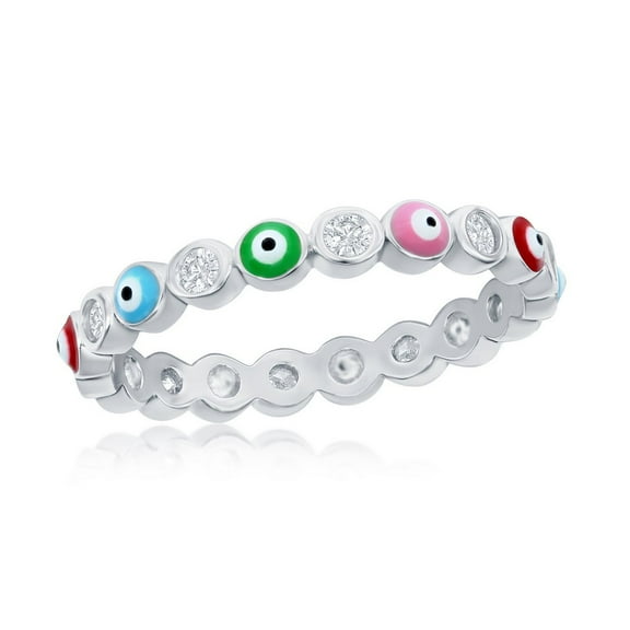 Daily Delight TheJewelryHut Designer Sterling Silver CZ & Multi Color Enamel Evil Eye Eternity Ring