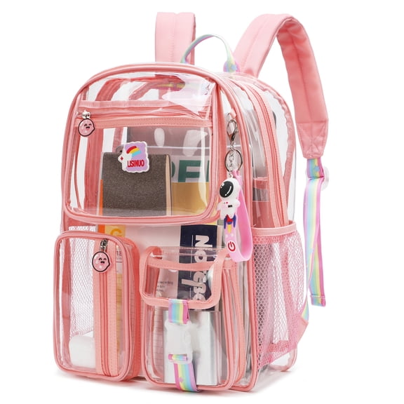 LISINUO Clear Backpack,Heavy Duty PVC Transparent Backpacks Stadium Approved,School Book Bag(Pink)