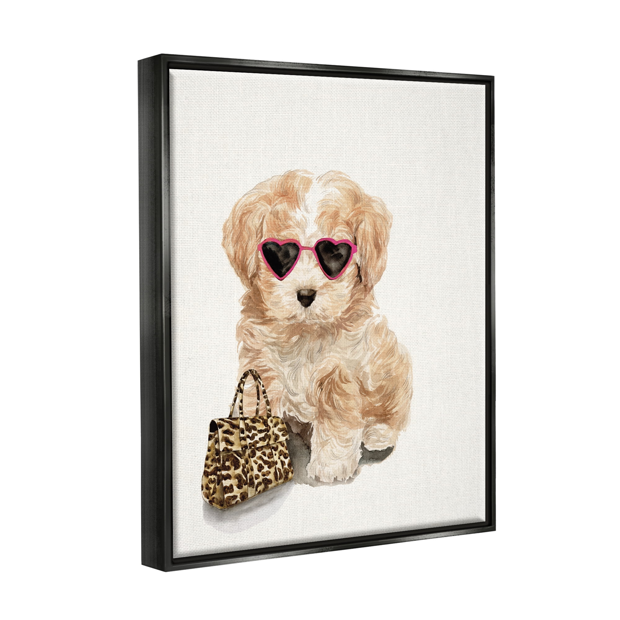 Stupell Industries Trendy Puppy with Purse Animals & Insects Painting Black Floater Framed Art Print Wall Art, 25 x 31