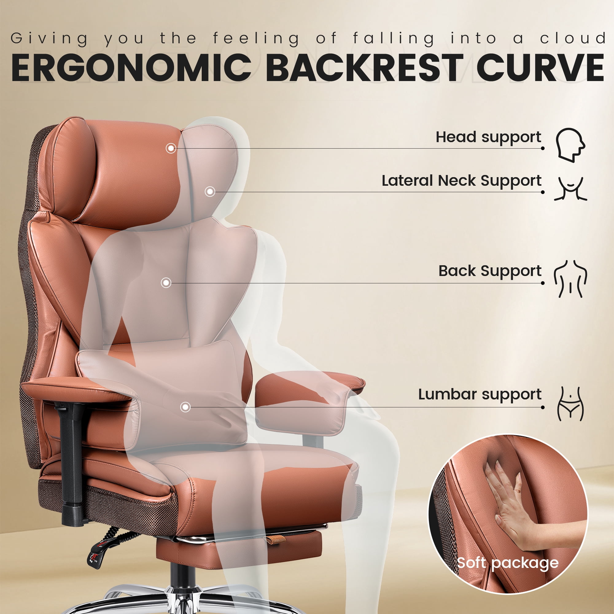COOLHUT Large Executive PU Leather Office Chair with Adjustable Armrests and Footrest, High Back and Lumbar Support, Ideal for Big and Tall Users, Perfect for Home Office or Computer Desk Use, Brown