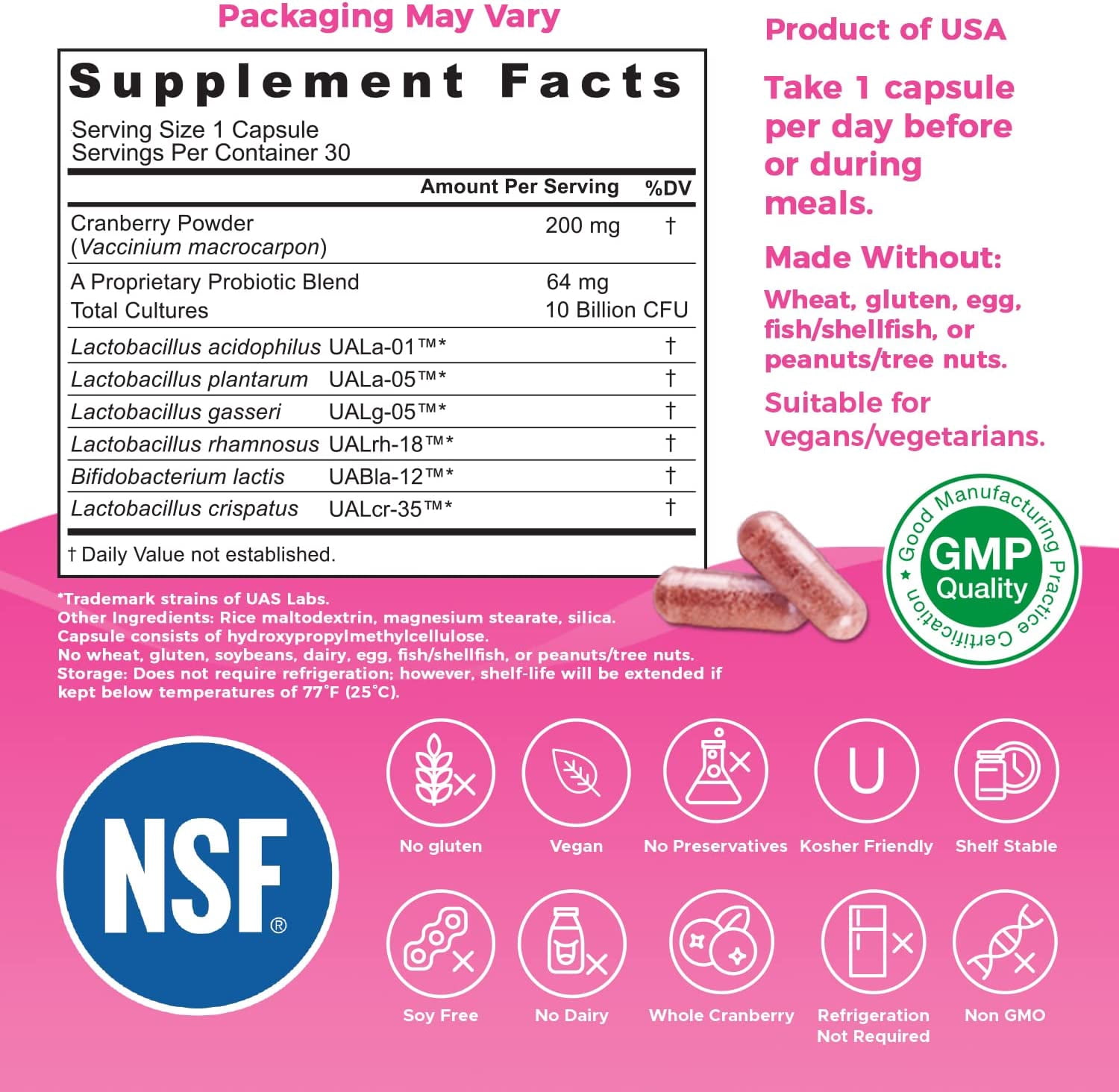 NutriCelebrity NutriFlora-Pro Probiotics for Women - Support Vaginal, Urinary Health (UTI), Digestive System, Period Pain, Yeast, and BV Relief, Cranberry Pills, 10 Billion CFU 6 Strains 30 Cap 2 Pack
