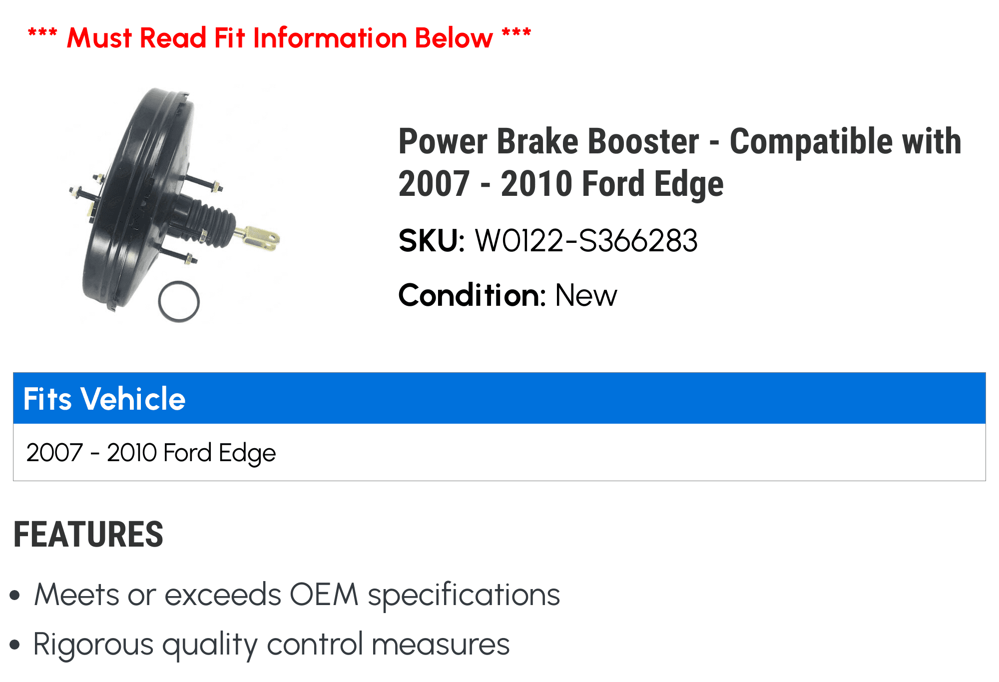 Ford Edge 2007-2010 Compatible Power Brake Booster - Meets Ford Edge 2007-2010 Compatible Power Brake Booster - Meets