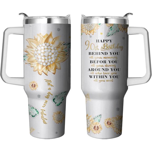 90th Birthday Tumbler with Handle & Straw, 40 Oz Stainless Steel 90th Birthday Gifts Cup, Happy 90th Birthday Gifts for Women, 90 Year Old Birthday Gifts for Women, Best Gifts for 90 Year Old Woman