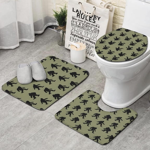 Green Bigfoot Pattern Bathroom Rugs Sets 3 Piece,Toilet Cover Set,Absorbent Non Slip Bathroom Mats Sets with U-Shaped Contour Rug Toilet Rug Set