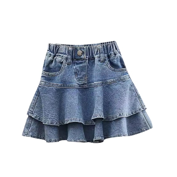 GiLiling Girls Denim Skirts Mini Skirt Elastic Waist Tiered Ruffle Skirt with Functional Pockets and Decorative Buttons for Casual Summer Wear (Light Blue, 12-18 Months)