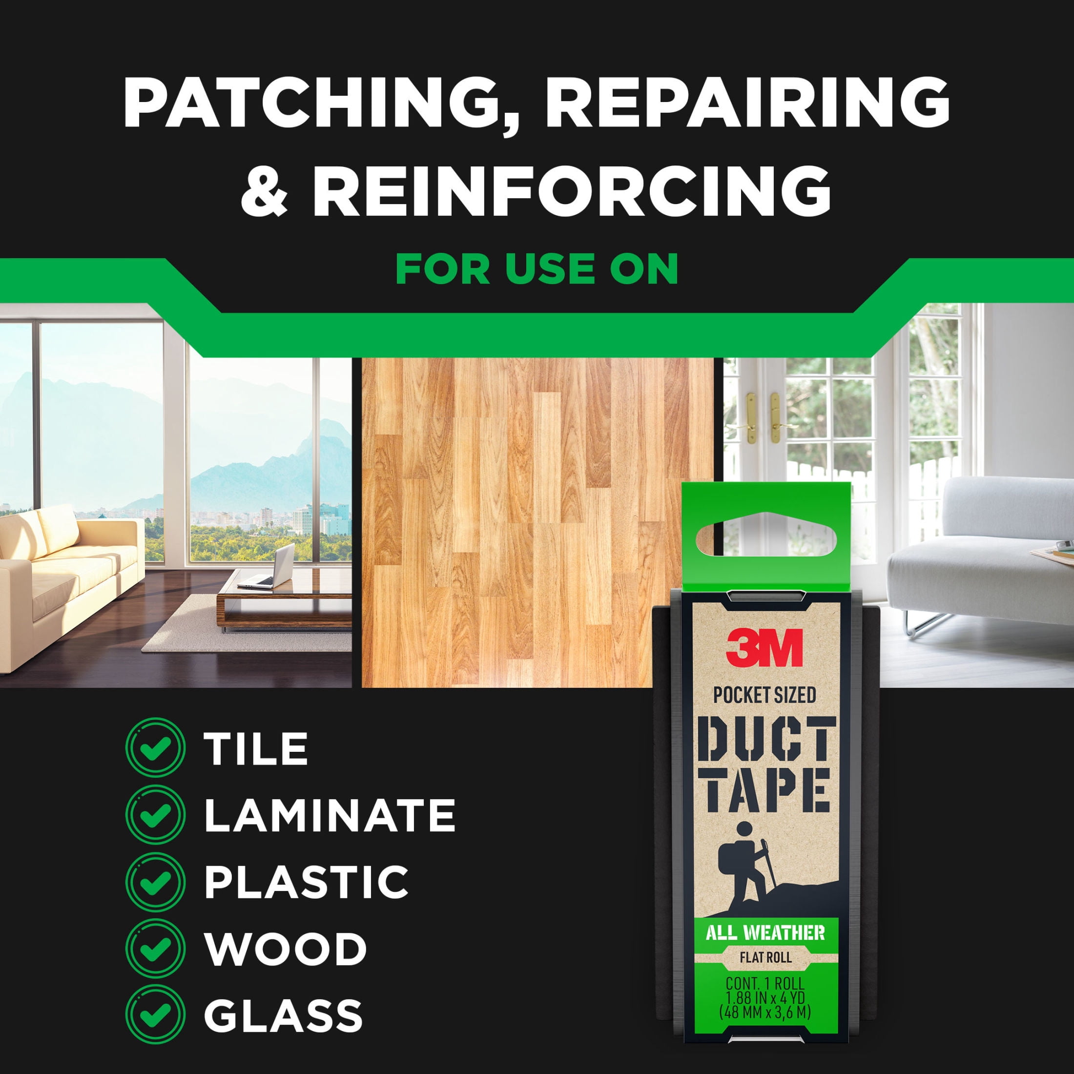 3M Pocket Sized Duct Tape, All Weather, Flat Roll 1.88 in x 4 yd, 1 Pack