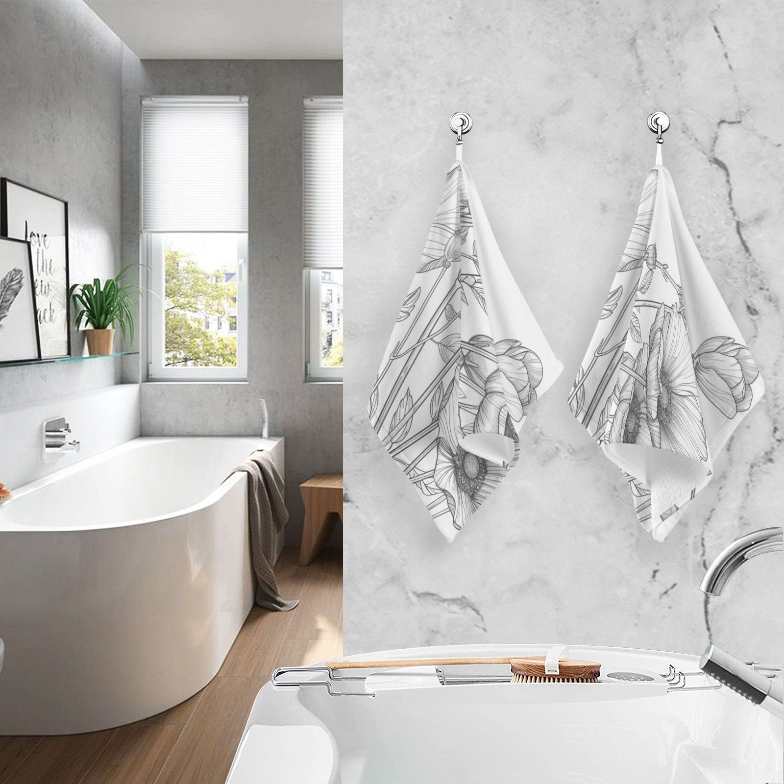 Line Flowers Hand Towels Cotton Bath Towels Large Face Towels Absorbent for Bathroom 2 Packs