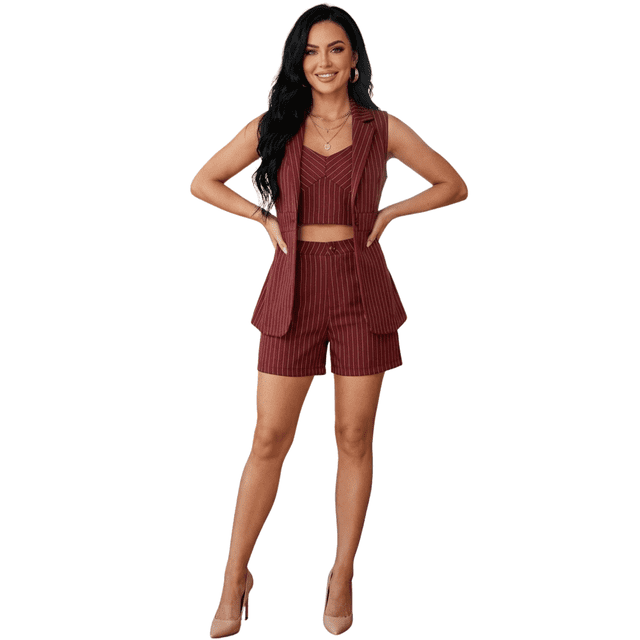 Conjunto 3 Piezas Chaleco, Top y Short, Estilo Casual Chic Moderno, Look Elegante para Mujer