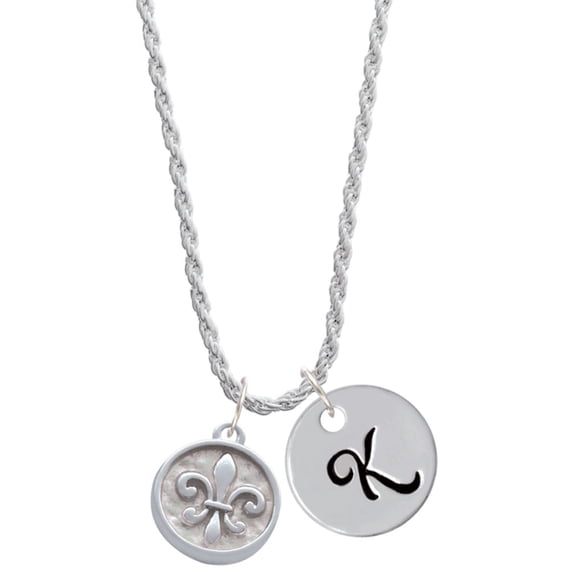 Delight Jewelry Silvertone Fleur di Lis - Round Seal Silvertone Script Initial Disc - K - Charm Necklace, 20"+3"