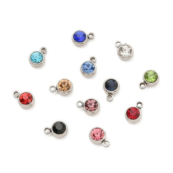 50pc 304 Stainless Steel Charms with Acrylic Rhinestone Birthstone Charms Faceted Flat Round Stainless Steel Color Mixed Color 8.2x6x3.5mm Hole: 1.2mm