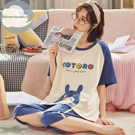 

QWZNDZGR Brand New Knitted Cotton Summer Short Sleeved Plus Size M-5XL Women Pajamas Set Pyjamas Women Sleepwear Cute Cartoon Pijamas