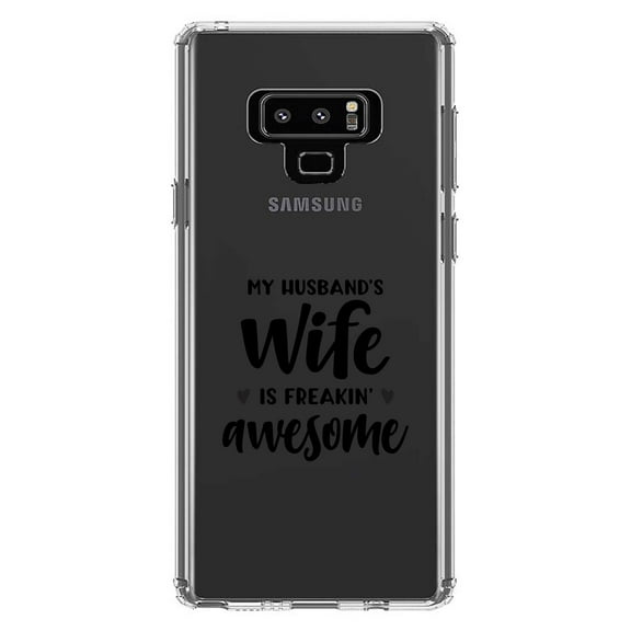 DistinctInk Clear Shockproof Hybrid Case for Samsung Galaxy Note 9 - TPU Bumper Acrylic Back Tempered Glass Screen Protector - My Husband's Wife is Freaking Awesome