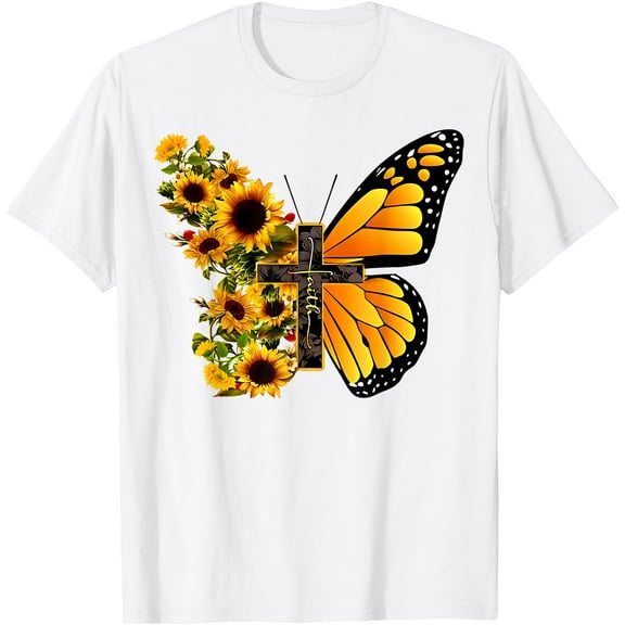 Faith Cross Sunflower Butterfly Christian Vintage Softstyle Unisex T-Shirt