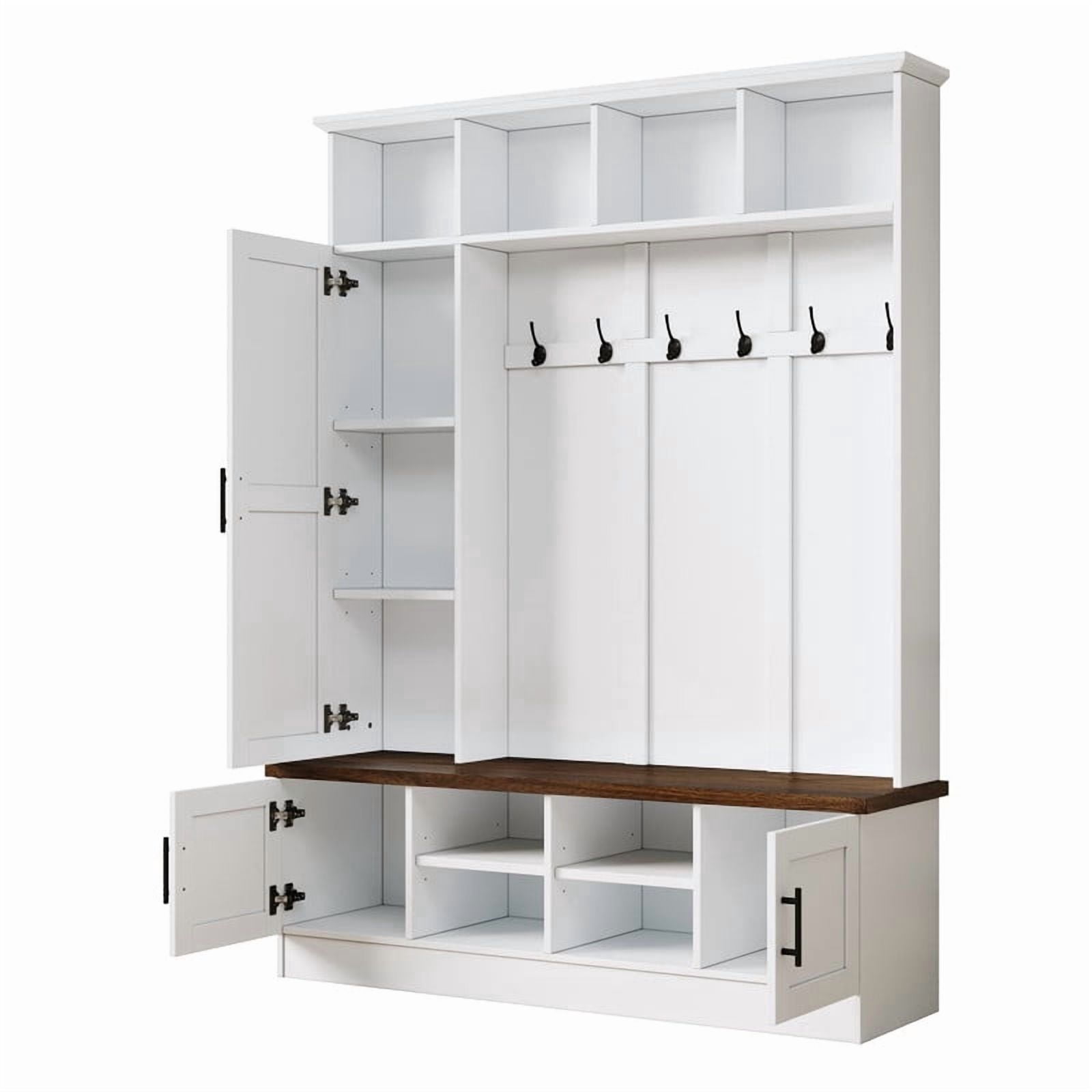 Farmhouse 3-in-1 Hall Tree with 6 Hooks, Entryway Coat Rack with Adjustable Shelves, Versatile Shoe Storage Bench with Open Cubbies