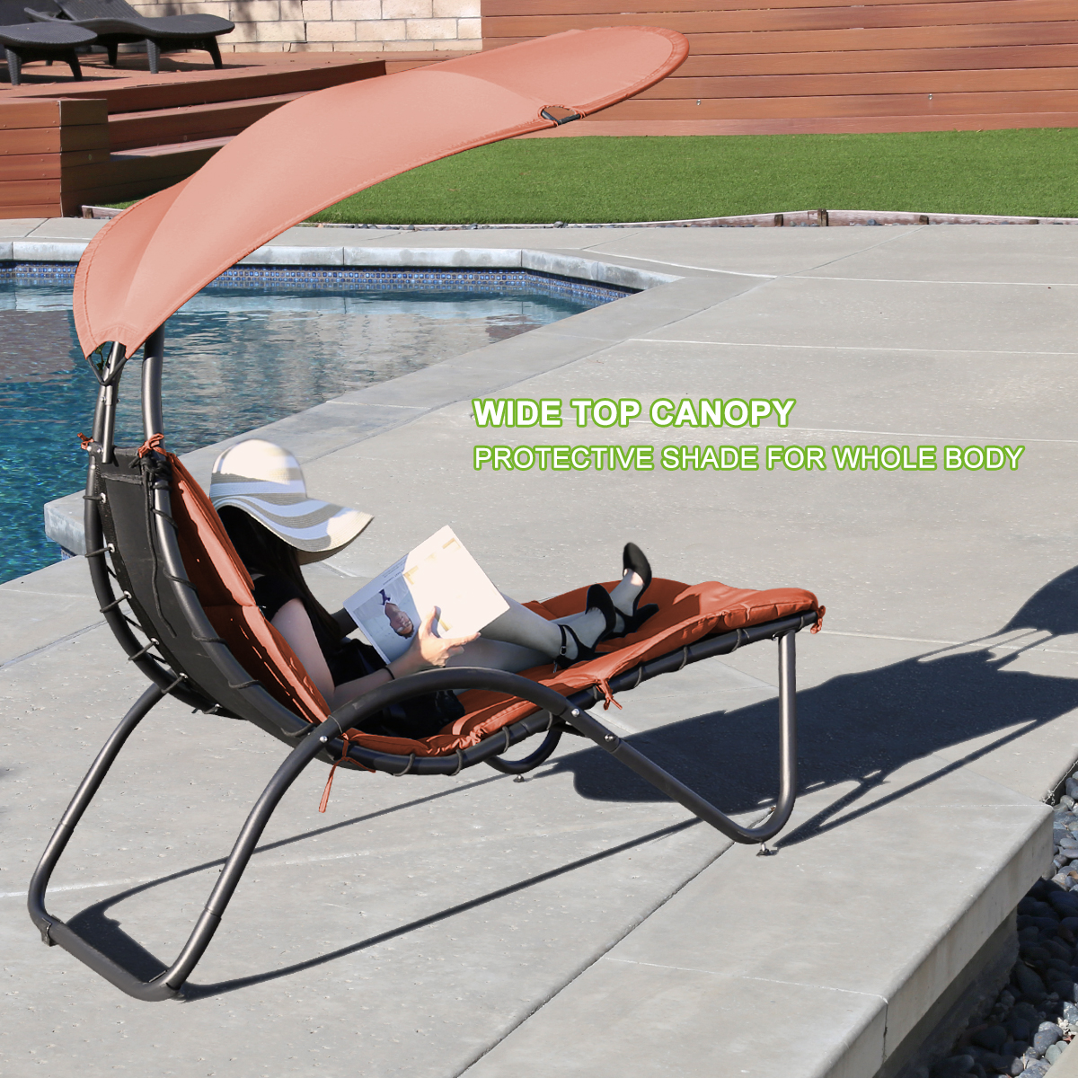 Hanging Chaise Lounger Chair Patio Porch Arc Swing Hammock Chair Canopy Outdoor [Orange] - image 5 of 8