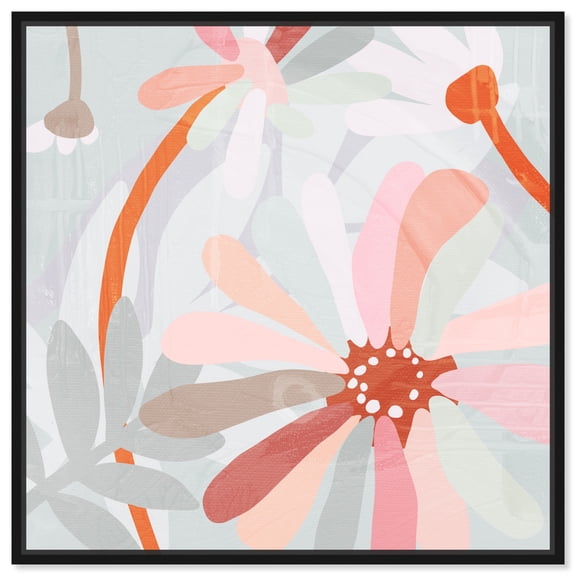 Blush Petals Gray Canvas Boho Maximalist Wall Art by Art Remedy, Black Frame, 12" x 12"