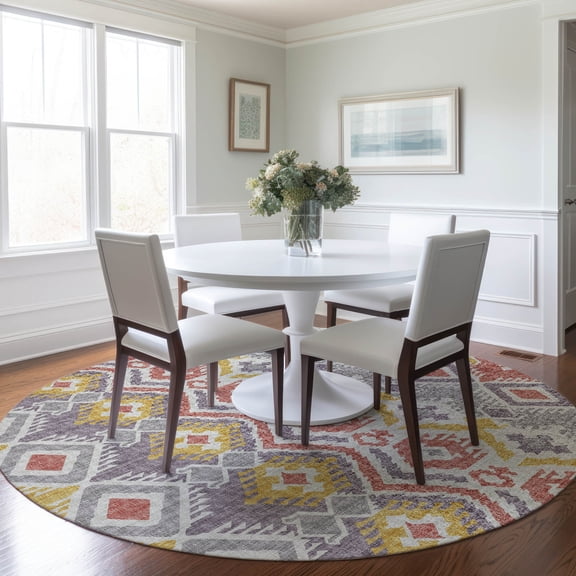 Addison Rugs Mayfield Washable Transitional Tribal, Boho Purple Round Rug, 8' x 8'