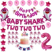 2nd Birthday Baby Shark Decorations Theme for Girl - Pink Baby Shark Two Two No. 2 Foil Balloons Cake Cupcake Toppers