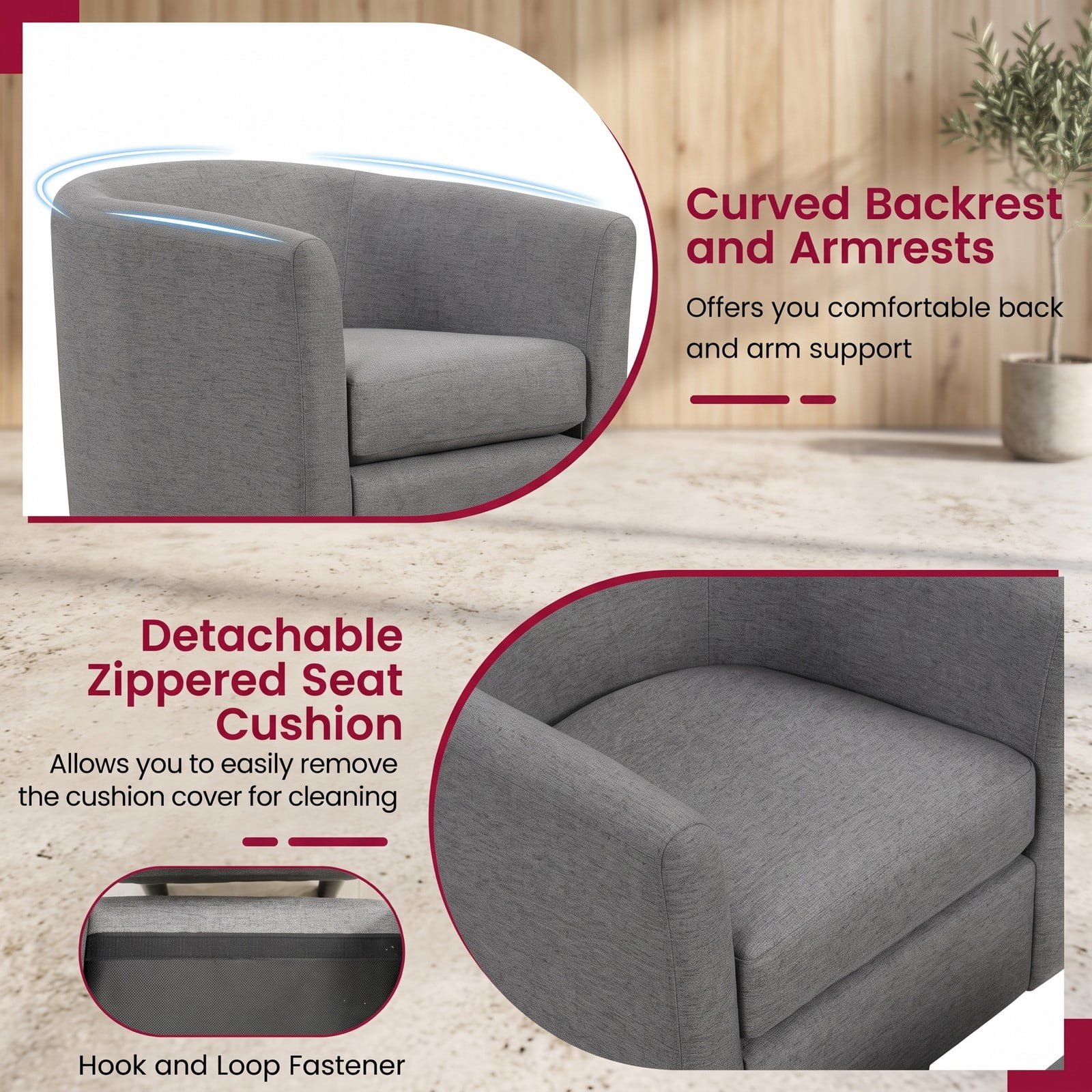Furnibear Modern Club Swivel Accent Chair with Ottoman Footrest, 360-Degree Swivel Upholstered Linen Reading Armchair with Curved Backrest and Removable Cushion, Gray