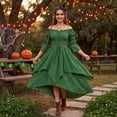 thumbnail image 4 of Halloween Off-Shoulder Corset Dress for Women, Long Bell-Sleeve Gown with Lace-Up Waist & High-Low Hem — Renaissance Costume Green XXL, 4 of 8