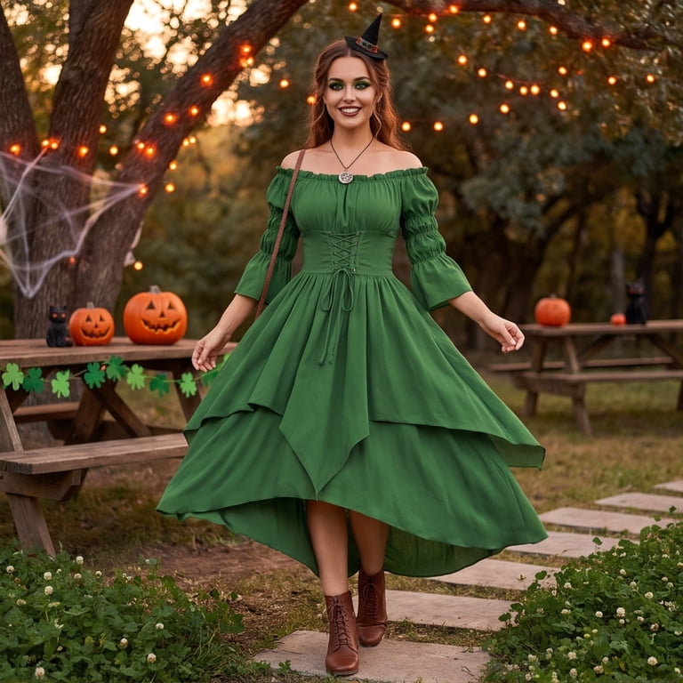 green renaissance dress costume Gothic Dress, Off Shoulder Tiered Dress, Lace Up Corset Waist Dress, Renaissance Women Medieval Victorian Dresses Peasant Gothic Fairy Witch Wedding Under Dress, L poly-usa