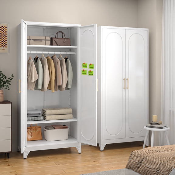 UNICOLY 71" Metal Armoire Wardrobe Closet with Doors,Tall Clothing Storage Cabinet with Adjustable Shelves and Hanging Rod,White