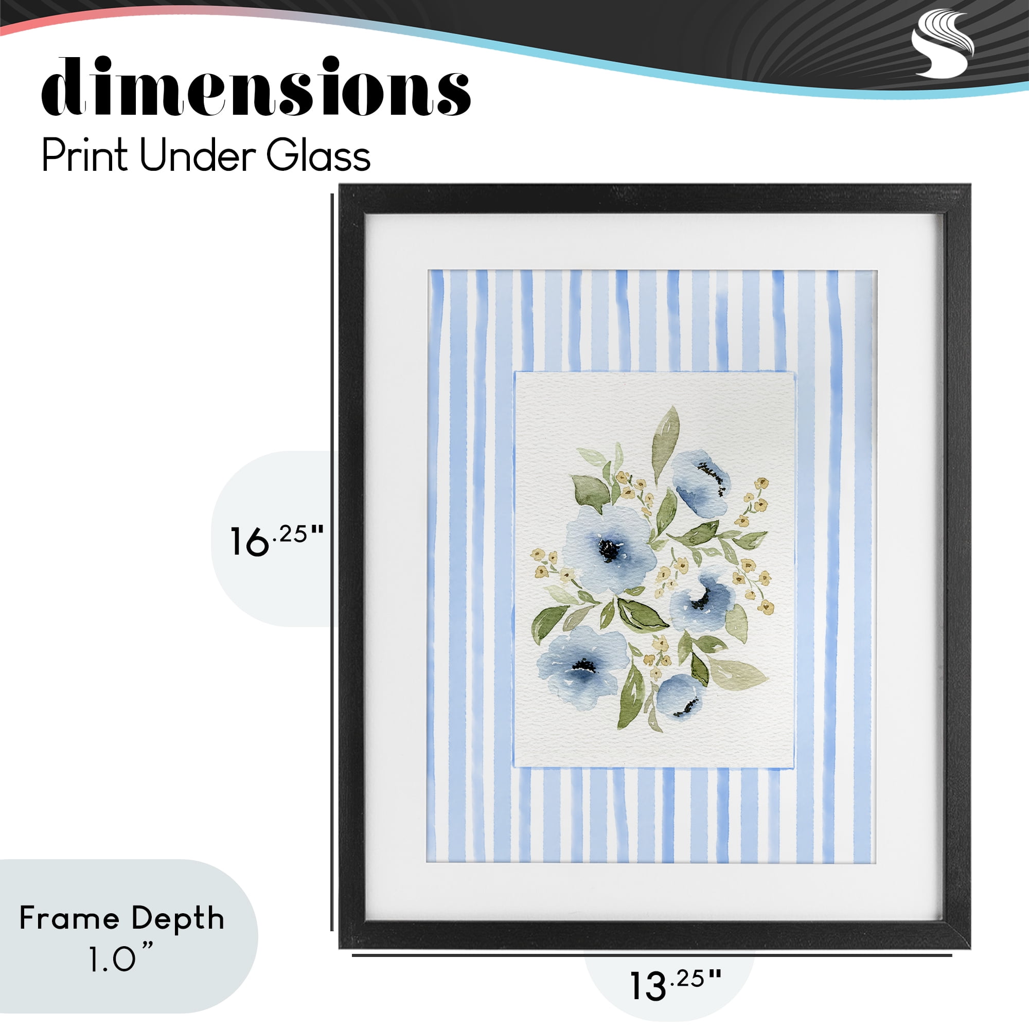 Stupell Industries Flowers with Blue Stripes Black Framed Print Under Glass, design by Leah Noel Art