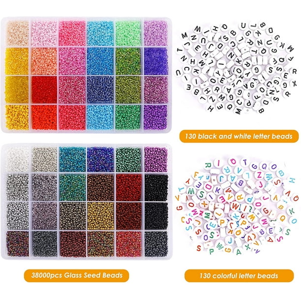 Quefe 38000pcs 2mm 12/0 Perles de Verre Kit pour la Fabrication de Bijoux,  48 Couleurs Bracelet Perles avec Lettre Perles en Vrac, Perles de Taille de  Couleurs d'Or Neutres pour Bricolage Bricolage