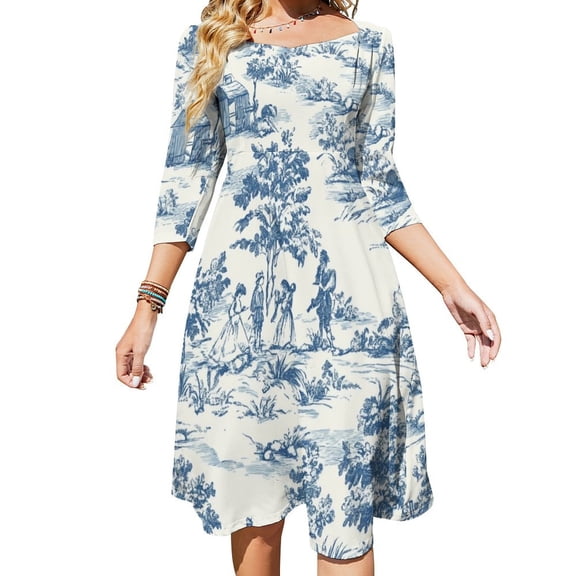 Blue And White Toile De Jouy Print Sweetheart Knot Flared Dress Fashion Design Large Size Loose Dress Spring Summer Women Dress