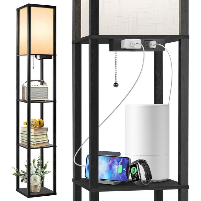 Floor Lamp with Shelves LED Modern Shelf Floor Lamp with USB Ports Power Outlet Color Temperature Storage Display Wood Column Standing Tall Lamp for Living Room Bedroom Off