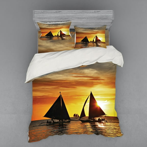 Ambesonne Colorful Bedding Set 4 Pcs, Romantic Sunset Sail, Queen, Marigold Dark Orange