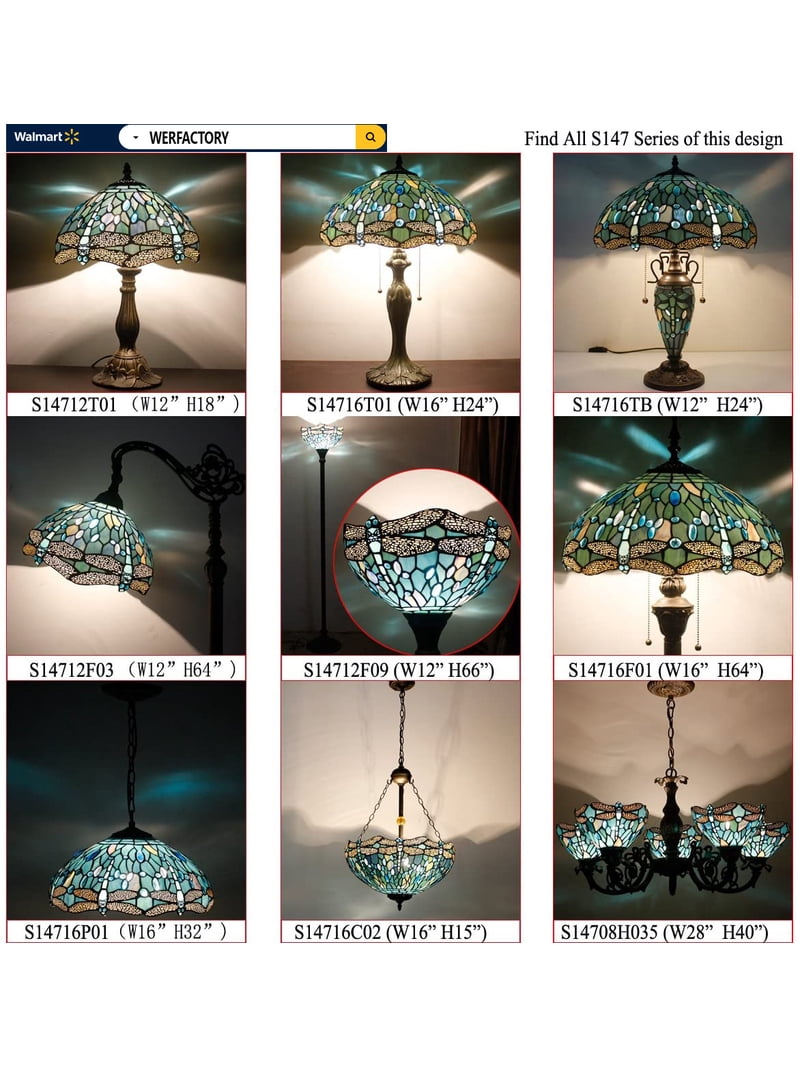 シーグラスランプ WERFACTORY Tiffany Style Floor Lamp, Sea Blue Glass Dragonfly