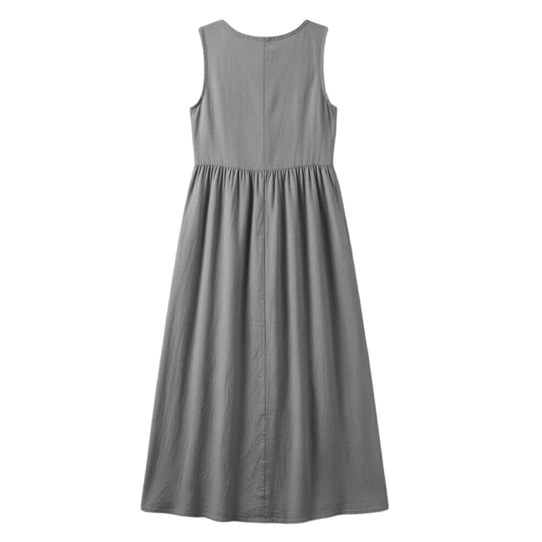nerohusy Womens Plus Size Button Down Linen Dress Casual Sleeveless V Neck Sundress with Pockets Summer Vacation Beach Maxi Dresses,Gray,S