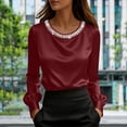 thumbnail image 2 of Women's Satin Long Sleeve Blouse Top Shirt with Pearl Embellished Round Neck Solid Color Elegant for Business Casual Work Office Commuting Outfits Fashion Essential Gift for Women, 2 of 9