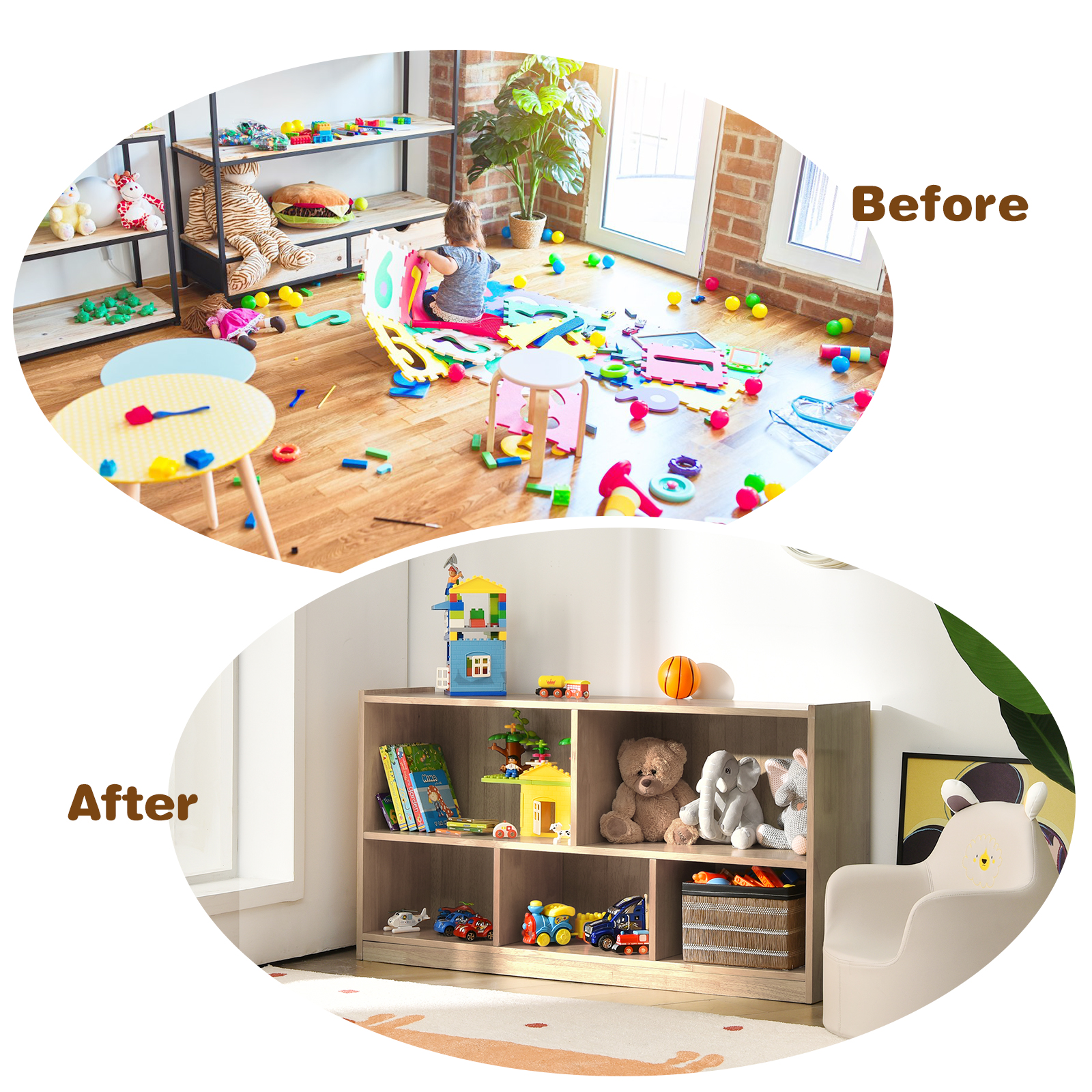 Costway 2-Tier Kids Bookcase with Spacious Top & Raised Base Toy Organizer with 5 Compartments Light Natural