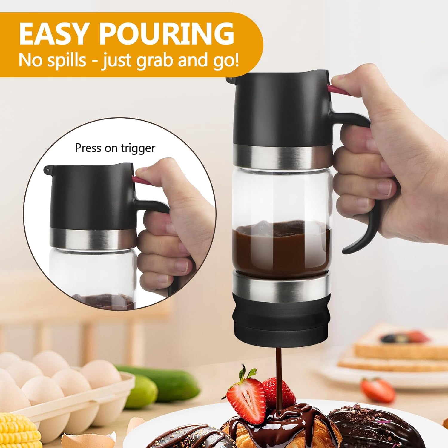 Glass Honey Dispenser,10 OZ Pot with Handle,No Drip Container Jar,Maple Syrup Dispenser,Ideal for and Syrup,Black base