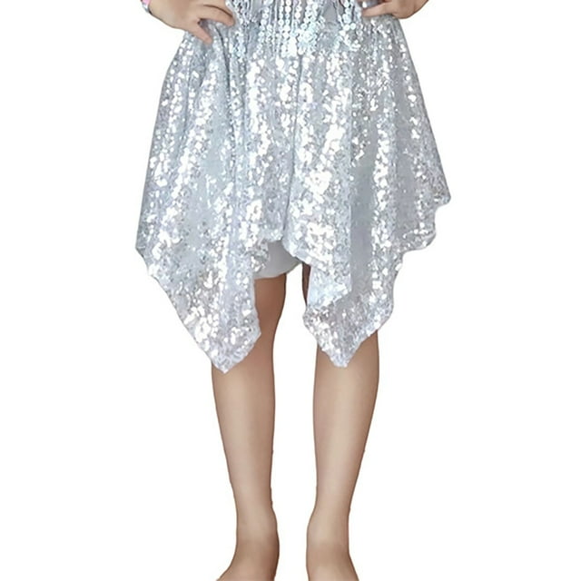 HXWCHs Robe Unie Filles Robe de Performance Asymétrique à Couches avec Shorts Intégrés Jupe Tutu pour Fêtes de Danse et Argent 3-6 Ans