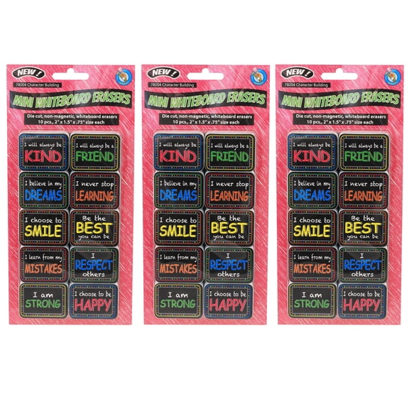 Ashley Productions Non-Magnetic Mini Whiteboard Erasers, Character Building, 10 Per Pack, 3 Packs
