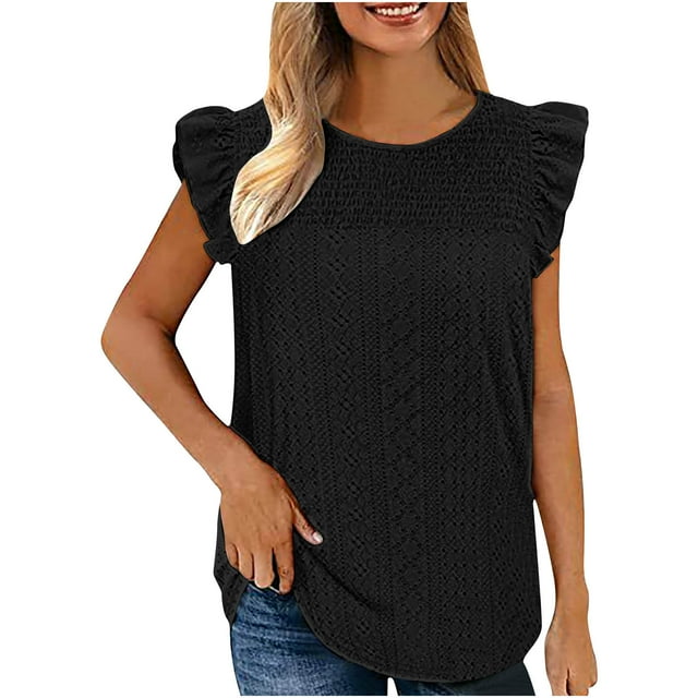Plus Size Summer Tops for Women Crochet Crewneck Ruffle Shorts Sleeve T Shirts Loose Blouses