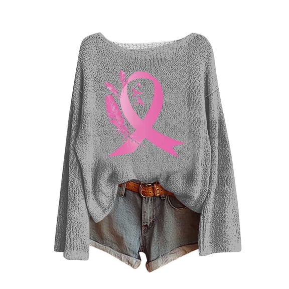 Sexlip Womens Sweatshirts No Hood Fall Long Sleeve Crewneck Shirts Cute Pink Ribbon Graphic Pullover Tops Outfits Gray M