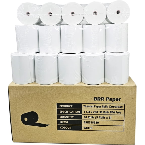 (30 Coreless Rolls - 50 GSM) 3 1/8 x 230 Thermal Paper Receipt Rolls fits all Clover POS Cash Register Printers for TSP500 TSP600 TSP 700 TSP2000 CT S300 from BuyRegisterRolls