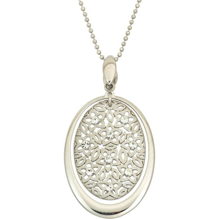 Giuliano Mameli Crystal Accent Rhodium-Plated Sterling Silver Matte-Finished Oval Star Pattern Polished Frame Pendant with Chain