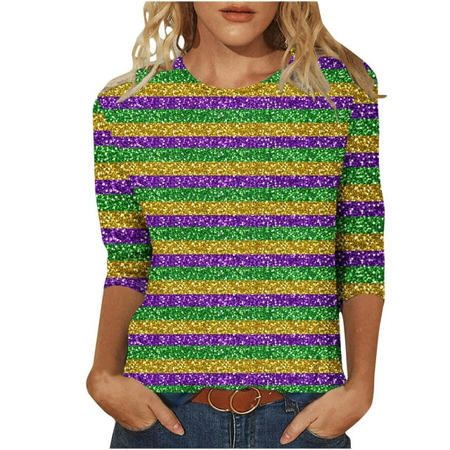 Penkiiy Blouse Carnaval pour Femmes Mardi Gras Mode Imprimée Décontractée Col Rond Manches 3/4 T-shirt Blouse 2TG Multicolore