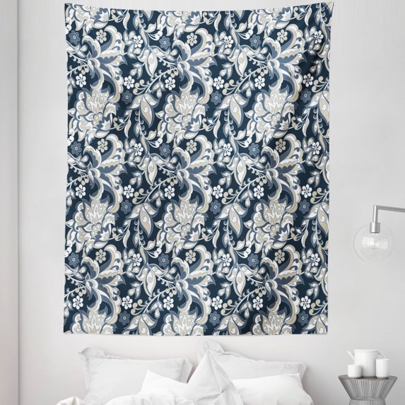 East Tapestry, Floral Illustration Oriental Eastern Style with Traditional Influences, Fabric Wall Hanging Decor for Bedroom Living Room Dorm, 5 Sizes, Dark Blue Grey and Beige, by Ambesonne