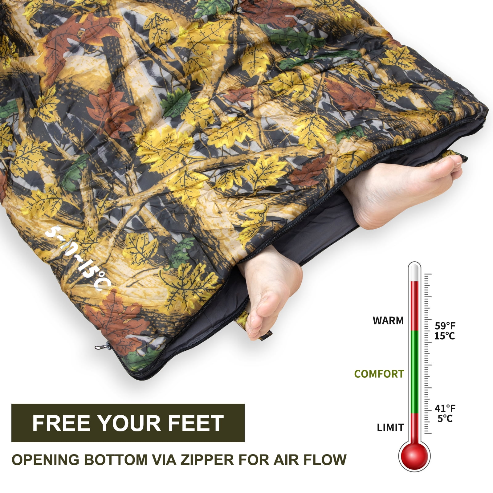 Night Cat Camping Sleeping Bag for Adults 3 Seasons Portable Lightweight Hiking Camo